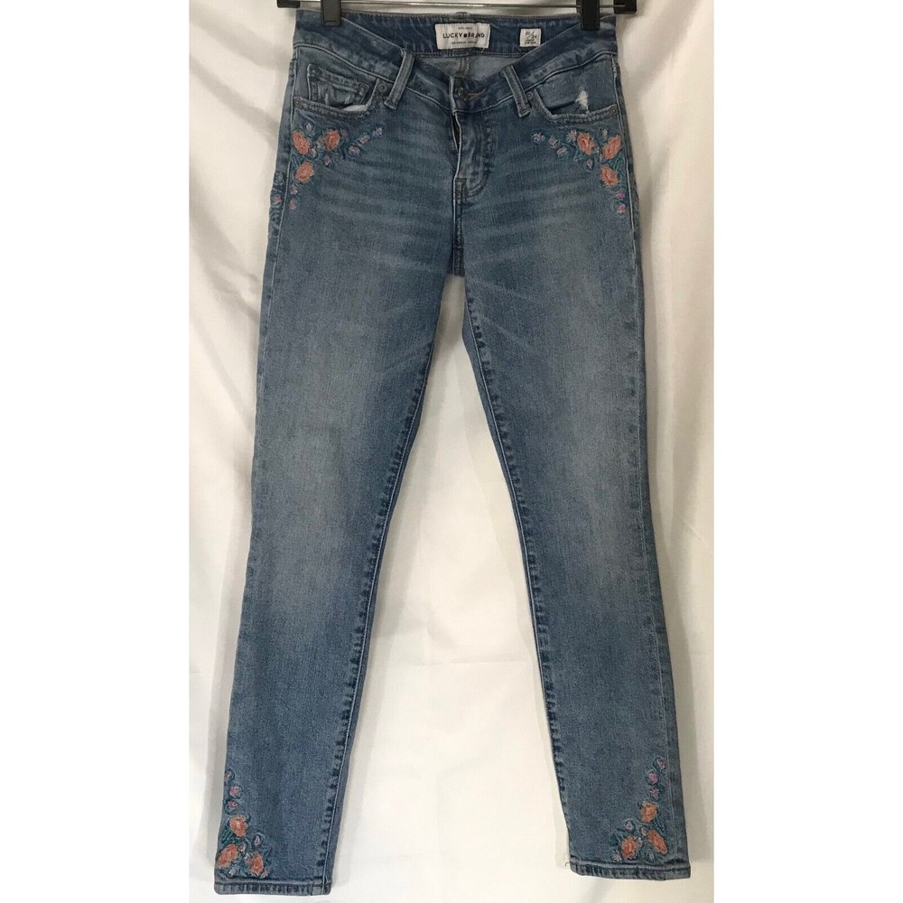 Lucky Brand Ankle Cheville Lolita Skinny Embroidered Floral Rigid Denim Sz 00/24